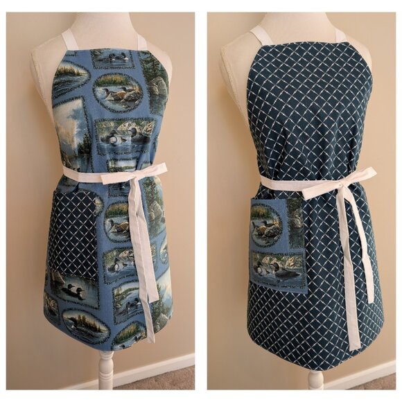 Swanky Stitches Other - NWT Handmade Reversible Apron - blue and white lattice and ducks One Size - OOAK